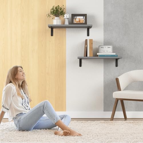 RICHER HOUSE Rustic Wood Floating Shelves, 2-Set Wall Mounted Shelves, 16In | Farmhouse Hanging Shelf for Wall Décor, Heavy Duty Book Shelf for Living Room, Bathroom Bedroom Kitchen Storage, Grey