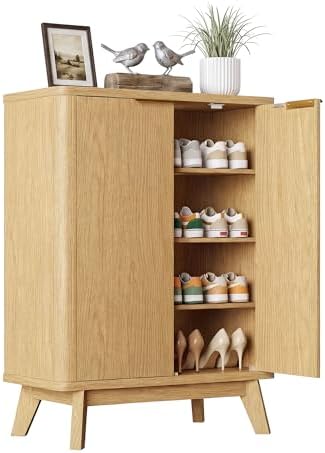 Shoe Cabinet with Doors & Adjustable Shelves, Natural