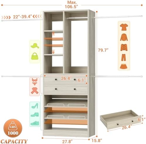 Besiost Closet System, 4.2–8.8 FT Closet Organizer with 2 Wooden Drawers and Shelves, Walk-in Closet System with 5 Hang Rods, Built-in Reach in Closet Tower, Can Fit 60 to 96 inch, Greige Oak