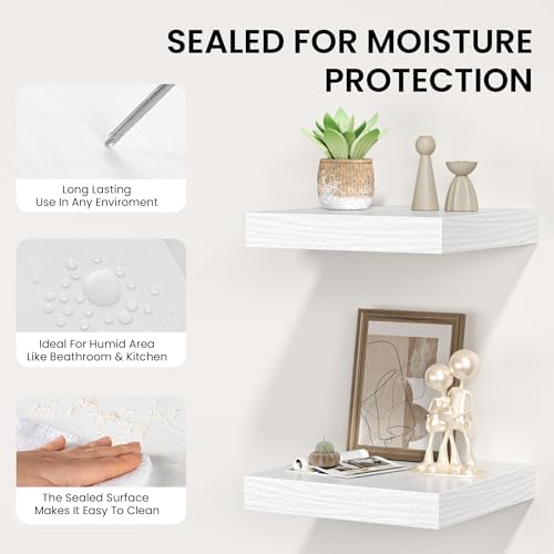 FLYJOE Square Floating Shelves for Wall, 10" W x 10" D x 1.4" H, Small Wooden Wall Mounted Display Shelves with Invisible Brackets for Living Room, Bedroom, Bathroom, Kitchen Decor, Set of 4, White