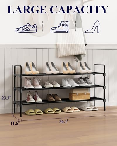 Kitsure Long Shoe Rack for Closet, 36.1" Wide - 3 Tiers, Black