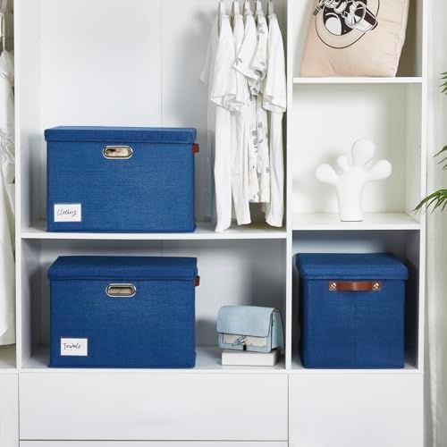 17" Large Fabric Storage Box with Lids, 3-Pack, Navy