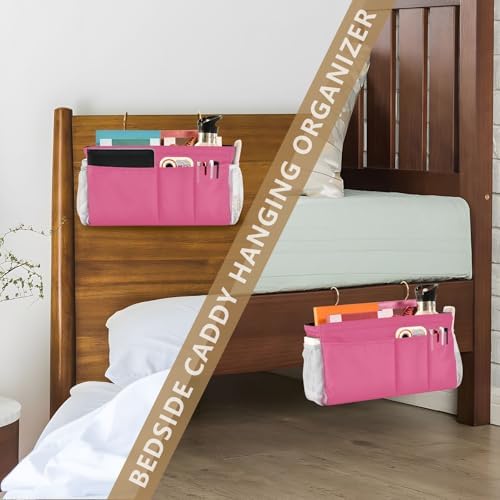 Neon Rose Red Bedside Caddy Storage Bag Bedside Organizer for Dorm Room Top Bunk Bed Hanging Bag Bedside Shelf 6 Pockets with Hooks for Magazine Water Bottle Holder