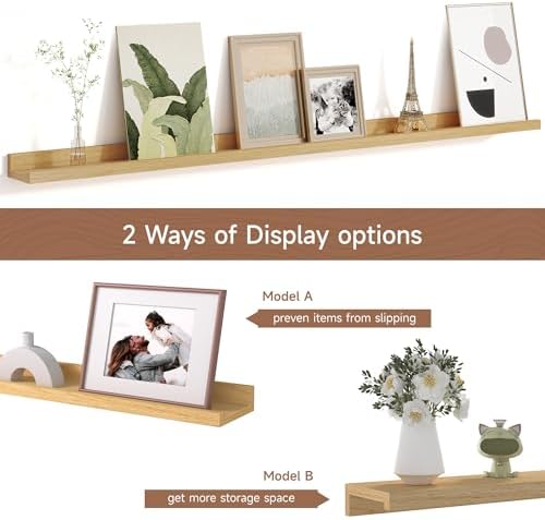 Fun Memories Picture Ledge Shelf for Wall, Floating Shelves Set of 4, 48 Inch Long Nursery Book Shelves for Toys Storage, Kids Bookshelf Wall Mounted for Books Photo Frames, Oak