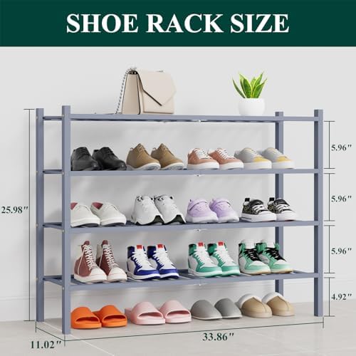 Smiry Bamboo Shoe Rack, 16 Vertical Slats, 4 Tier - 33.7" Wide, Grey