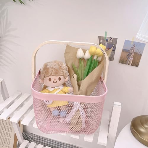 AJIODA Metal Mesh Wire Basket, Small Steel Basket with Wooden Handle Storage Organizer Basket Multi-functional Hanging Kitchen Baskets Fruit Baskets for Kitchen Bathroom Cabinet Pantry Snacks, Pink