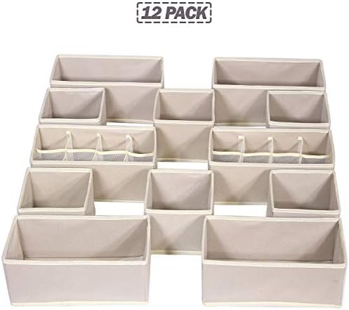 12 Pack Foldable Drawer Organizer Dividers Cloth Storage Box Closet Dresser Organizer Cube Fabric Containers Basket Bins for Underwear Bras Socks Panties Lingeries Nursery Baby Clothes Beige NN246