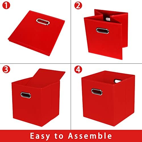 Fabric storage bins Cubes, Fabric Cube Organizer with Handle, Foldable Cube Bins for Cloth or Accessary Storage, 11x11x11, Set of 3, (Red)