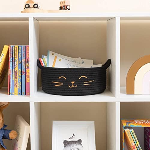 Small Woven Rope Cat Toy Basket with Cat Face Design, Black