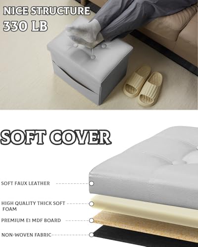 Ottoman with Storage,17 Inch Leather Folding Foot Rest Stool,Grey
