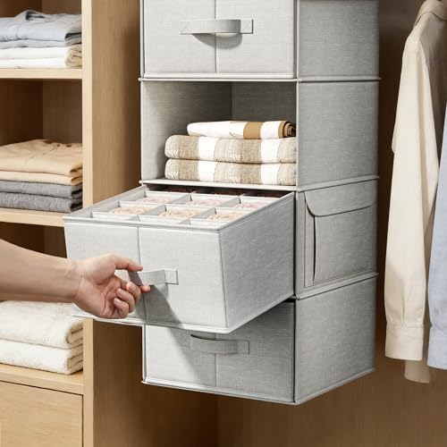 6-Shelf Hanging Closet Organizer with 3 Fabric Drawers, Silver Gray