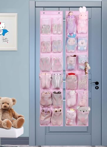 MISSLO Over The Door Shoe Organizer 12 Large Mesh Pockets Hanging Narrow Closet Door, Baby Hanging Shoe Rack Kids Closet Storage bags for Girl Women Men Toddler Nursery, Pink, 2 Pack