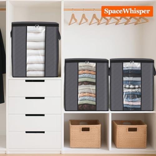 SpaceWhisper 3 Pack 100L Clothes Storage, Foldable Storage Bags, Grey