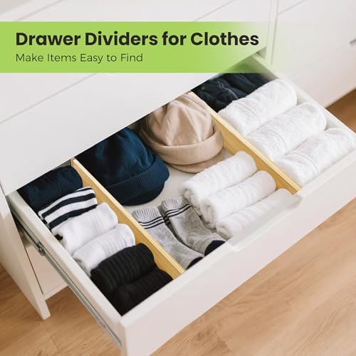 Fyvva Drawer Organizer, Spring-Loaded Expandable Bamboo Dividers 8-Pack | Large Kitchen Drawer Organizer, Adjustable 16.9 to 22.2 in, 2.3in High Non Slip for Kitchen Clothes Bathroom Office Natural