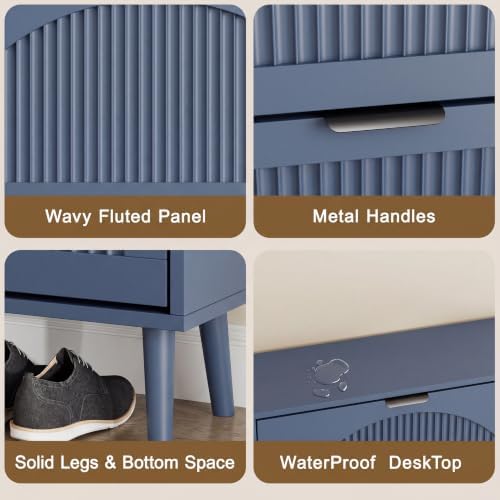 Shoe Storage Cabinet with 4 Flip Drawers, Narrow Wood Shoe Organizer Cabinet with Fluted Panel, Slim Shoe Rack for Entryway, Freestanding Shoe Cabinet for Living Room, Hallway, Blue