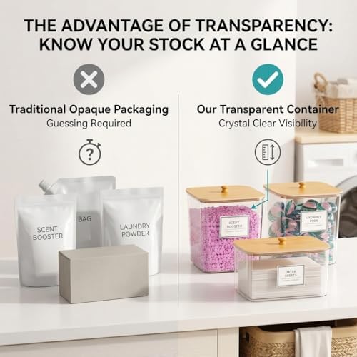 FUSHITON Laundry Pods Storage Container, 2+1 Set Clear Storage Bins with Bamboo Lids for Detergent Pods, Scent Beads & Dryer Sheets, Includes 16 Labels and 3 Measuring Scoops