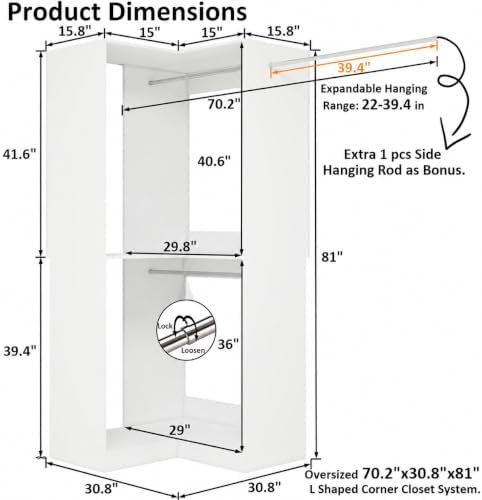 Fastgo Corner Closet System with 3 Hanging Rods, 30.8”-70.2” L Shaped Freestanding Closet Organizer System for Walk in Closets, Corner Wardrobe, White
