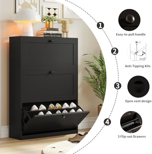 VOWNER Shoe Storage Cabinet with 3 Flip Drawers, Freestanding Shoe Cabinet with Adjustable Shelf & Anti-Tipping Device, Slim Shoe Rack for Entryway, Hallway, Living Room, White (Black)
