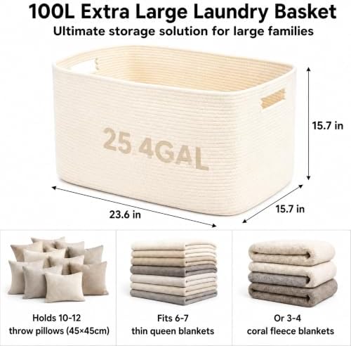 25.4GAL Collapsible Cotton Rope Extra Large Storage Basket For Bedroom Closet, Boho Rectangular Short Hamper Woven Storage Baskets for Living Room Throw Pillows Blankets Dirty Clothes, Beige