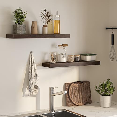 FLYJOE Floating Shelves for Wall, 31.5"W x 6.7"D x 1.5"H, Wooden Wall Mounted Display Shelves with Invisible Brackets for Living Room, Bedroom, Bathroom, Kitchen Decor and Storage, Set of 2, Walnut