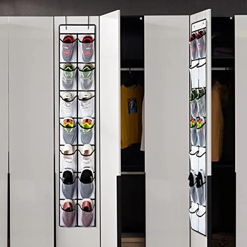 KEEPJOY 2 Pack White 14 Pockets Over the Door Shoe Organizer, Hanging Shoe Organizer with 4 Hooks, Shoe Holder with 14 Mesh Pockets Closet Door Shoe Storage Bag (White-2Pack)