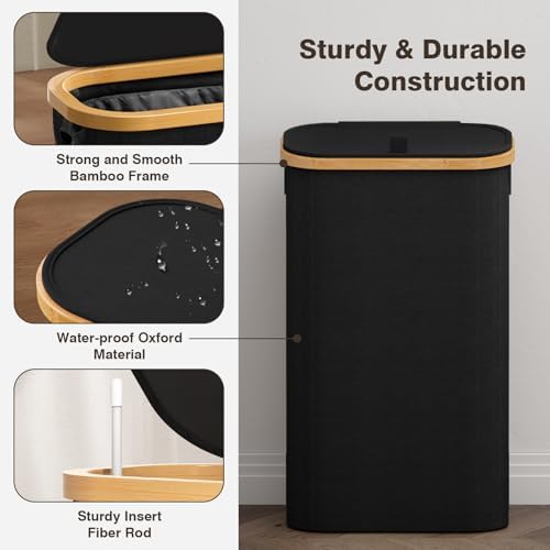 Bathola Slim Laundry Hamper with Lid, 75L Small Laundry Basket, Black