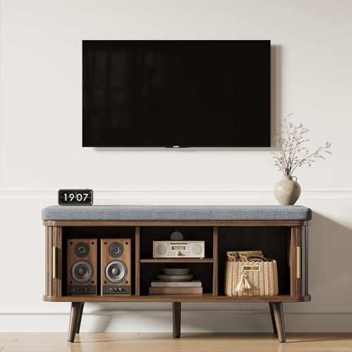 Decofy Shoe Storage Bench with Cushion and Sliding Doors, 39 Inch Shoe Bench with Storage, Freestanding Entryway Bench with Shoe Storage, with Solid Wood Legs, for Hallway & Entrance Hall, Walnut
