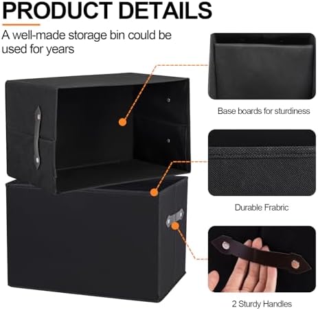 3 Pack Large Collapsible Storage Baskets for Shelves,14.9"x9.5" Fabric Closet storage Boxes with Leather Handles,Decorative Organizers Storage Bins for Clothes,Sheets,Toys,Books,(Black)