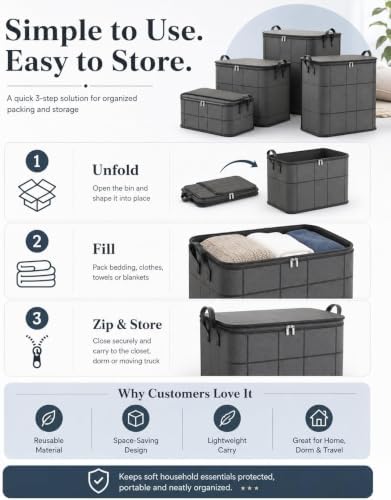 3 Pack 180L Portable Moving Storage Bags, Spacious Moving Storage Bin, Foldable Large-Capacity Clothes Storage Containers for Bedroom, Closet, Clothing, Comforter, Reinforced Handles,M:100L:1