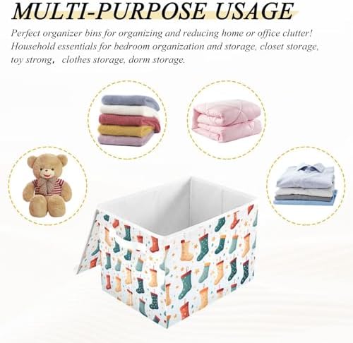 Large Storage Bins with Linen Christmas Colorful Stockings Collapsible Foldable Storage Cubes Fabric Closet Organizer Containers box with Flip-Top Lid for Home Bedroom Office 16.7 x 12.6 x 11.8in