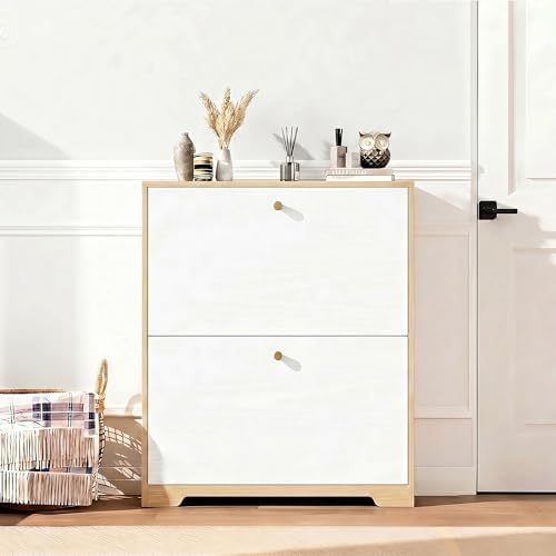 Nicetree Shoe Storage Cabinet with 2 Flip Drawers, Natural Oak and White