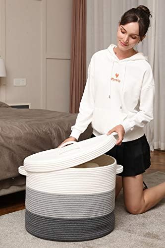 20x15 Inch Extra Large Round Cotton Rope Storage Basket with Lid, Decorative Woven Bin with Cover for Living Room Bedroom Closet, Grey & Dark Grey
