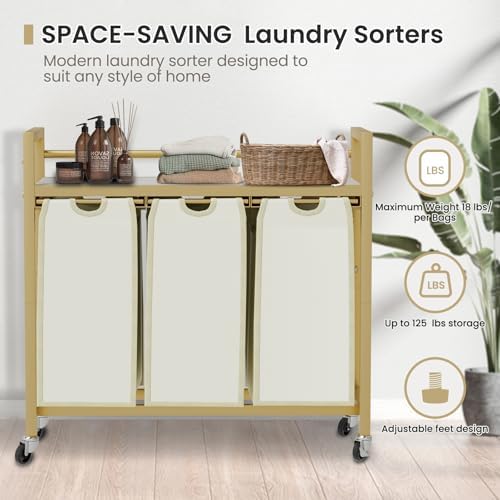 SwaaVee Laundry Sorter, Laundry Hamper 3 Section, 3×11.4Gal, Metal Frame Rolling Laundry Basket with Wooden Top Shelf, Pull out and Removable Laundry Bags, 3 Bags-Golden