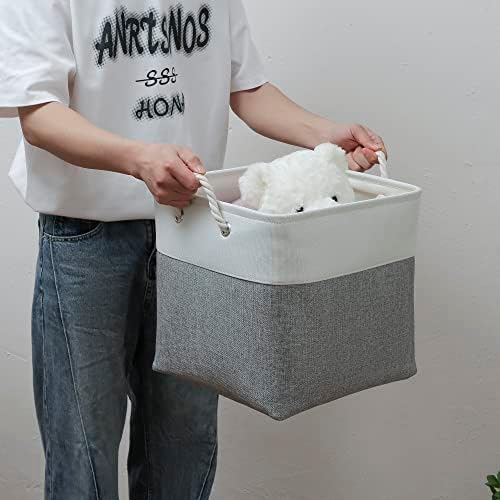 MidmmVick 13 x 13 Inch Cube Storage Bins, 4 Pack Large Collapsible Fabric Storage Bin with Ropes, Foldable Storage Cubes for Home, Office,Closet, Clothes, Toys Organizer (White & Grey)