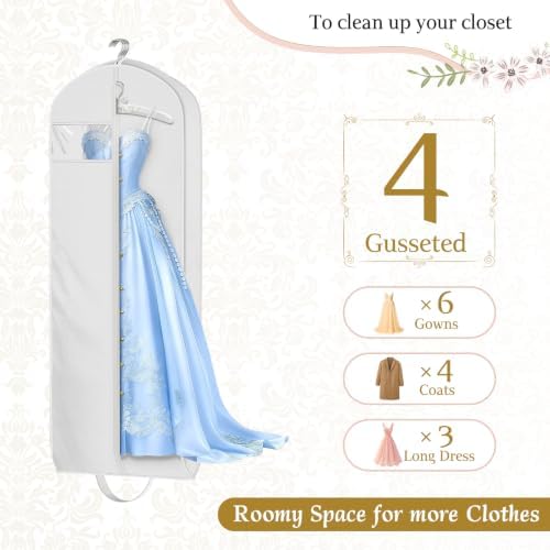 KEETDY Wedding Dress Garment Bag for Travel with 4" Gusseted Long Hanging Dress Bags for Gowns for Women Garment Cover Clothes Storage for Closet (white, 65 inch)