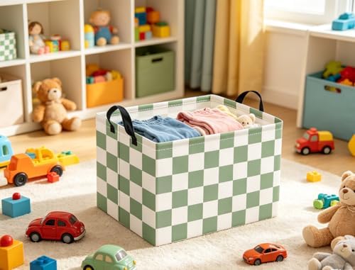 Rectangular Kids Basket Baby Girl Basket Fabric Storage Bin Organizer Box Room Decor(Green Checkered)