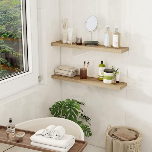 Fun Memories Floating Shelves for Wall, 30" Rustic Wood Deep Wall Mounted Shelves with Invisible Brackets for Decor & Storage, Floating Shelf for Living Room, Bathroom (Oak, Set of 2)