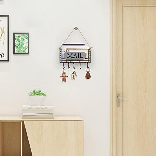 SRIWATANA Mail Organizer Wall Mount, 5 Key Hooks, Small, Weathered Grey
