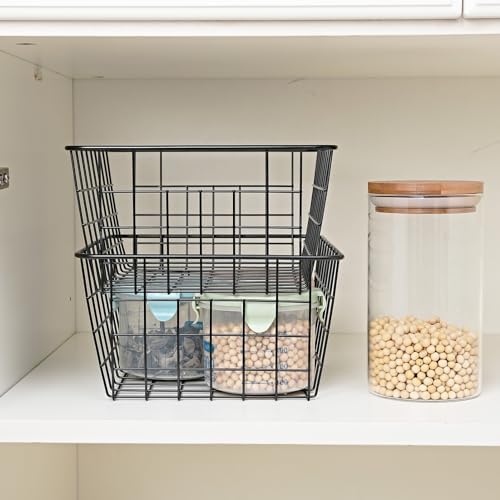 11" Upright Freezer Storage Baskets, Black Wire Storage Bins Small Bakset for Freezer, Pantry, Bathroom Organizing, Set of 4