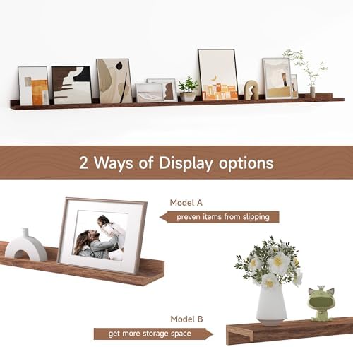 Floating Picture Ledge Shelves for Wall Set of 2, 72 Inches Picture Ledge Shelf with Long Large Nursery Book Shelf for Toys Storage Kids Bookshelf Wall Mounted Living Room Bedroom Decor Frames, Walnut