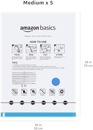 Amazon Basics Vacuum Storage Bags for Clothes, Compression Zipper with Hand Pump, Medium, White, Sky Blue, 5-Pack
