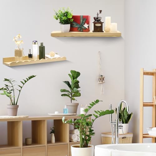 Suzile 2 Pcs Scalloped Floating Wall Shelves,12",Natural | Scalloped Edge, Book Display, Plant Display, Photo Frames, Toy Storage, Nursery, Bedroom, Bathroom, Aesthetic Decor