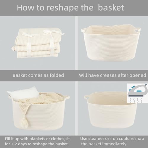 XUANGUO Large Rectangle Woven Cotton Rope Blanket Basket 22"x17"x12" White | Storage basket for nursery and living room; toy basket for kids, dog toy storage, or laundry basket for clothes and towels.