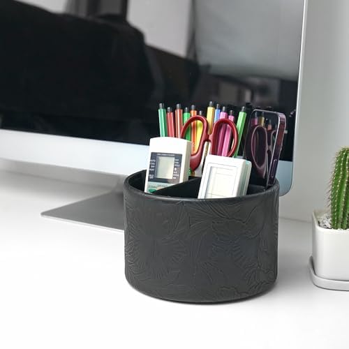 Round Leather Art Supply Organizer,Remote Control Holder,360 Degree Spinning,Multi-Functional Pencil Holder,4 Compartments Desktop Stationary Organizer(1-Carved Black)