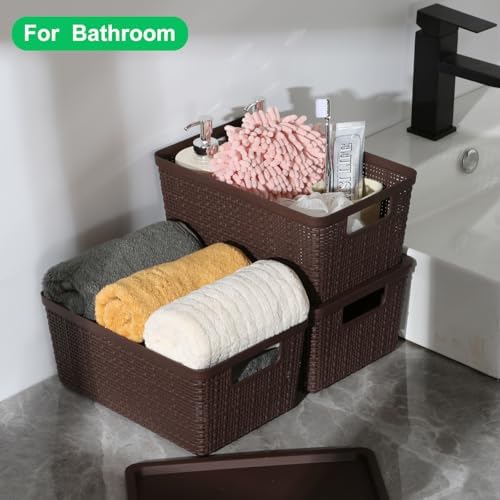 6 Pack Plastic Storage Baskets with Lid,Brown Stackable Bins
