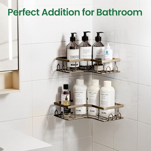 Adhesive Shower Caddy, 4 Pack Corner Bath Organizer, Rustproof Stainless Steel Shower Shelves with Large Capacity, No Drilling Shelves for Bathroom Storage, Home, Kitchen Decor(Brown).