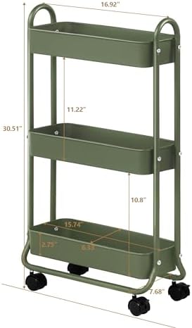 SunnyPoint Slim Rolling Storage Cart, 3 Tier Bathroom Storage Organizer Bathroom, Laundry Utility Cart (Army)