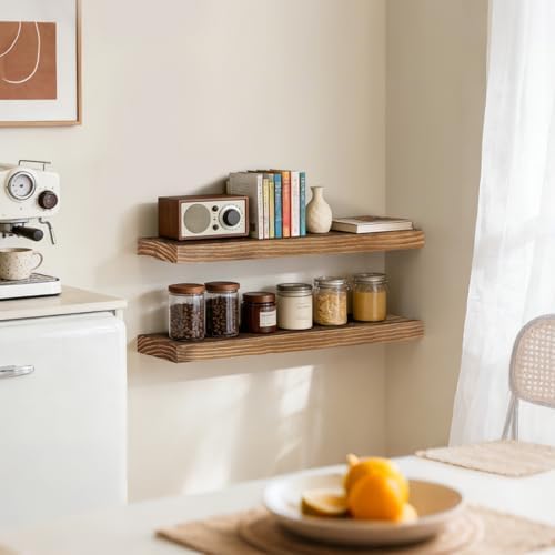 24x6.8x1.7in Solid Wood Floating Wall Shelf Set of 2 Oak Finish
