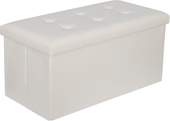 JupiterForce Folding Storage Ottoman Bench, 30 Inches Faux Leather Padded Seat Foot Rest Ottoman Bench with Storage for Bedroom, Living Room, Dorm, Entryway, Office, Creamy White