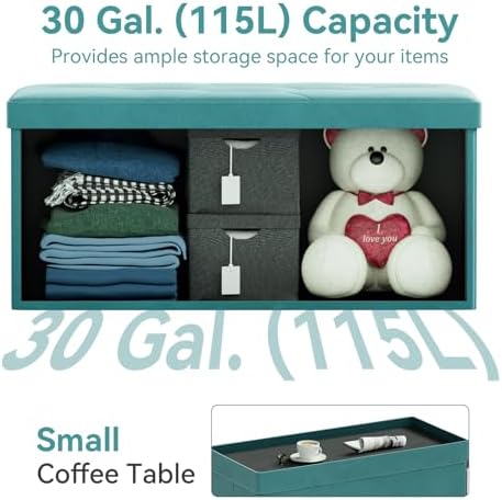 BRIAN & DANY Folding Storage Ottoman Bench, Ottoman with Storage, Foot Rest, Benches Seat for Bedroom, Living Room, Entryway, Long Shoes Bench, 15.7" x 31.5" x 15.7" Teal